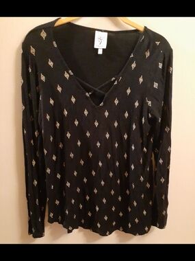 Self Esteem Black Long Sleeve Crisscross V-Neck Tee with Gold Diamond Motif